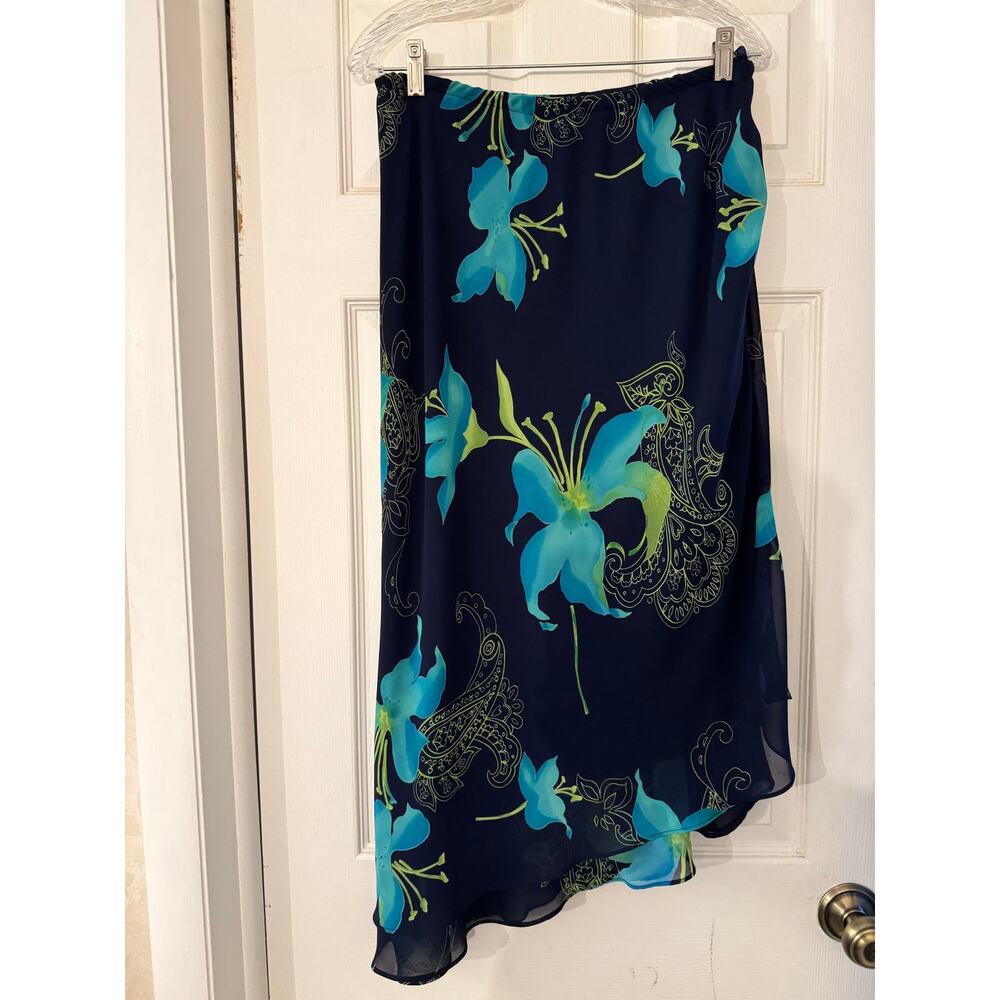 Studio I 2-Piece Chiffon Skirt Set Navy Blue Turquoise Floral Cowl Neck Midi 12 - Picture 6 of 10